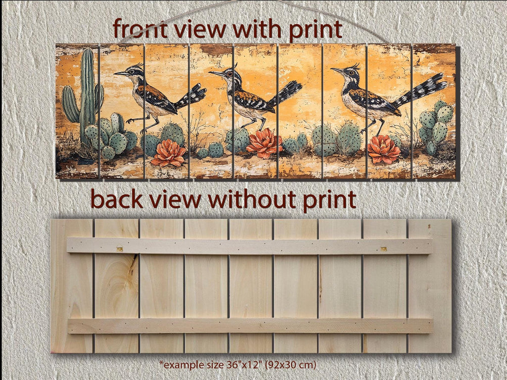 Roadrunners Wood Wall Art - Distressed Wood Print With Cactus & Desert Scene