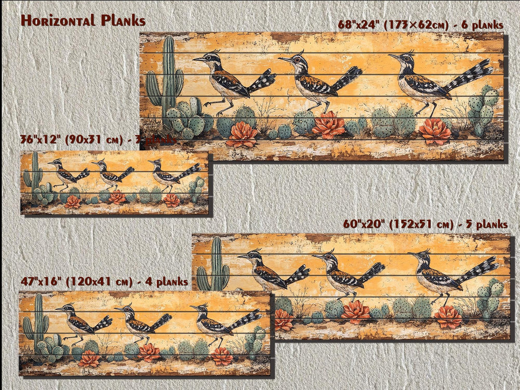 Roadrunners Wood Wall Art - Distressed Wood Print With Cactus & Desert Scene