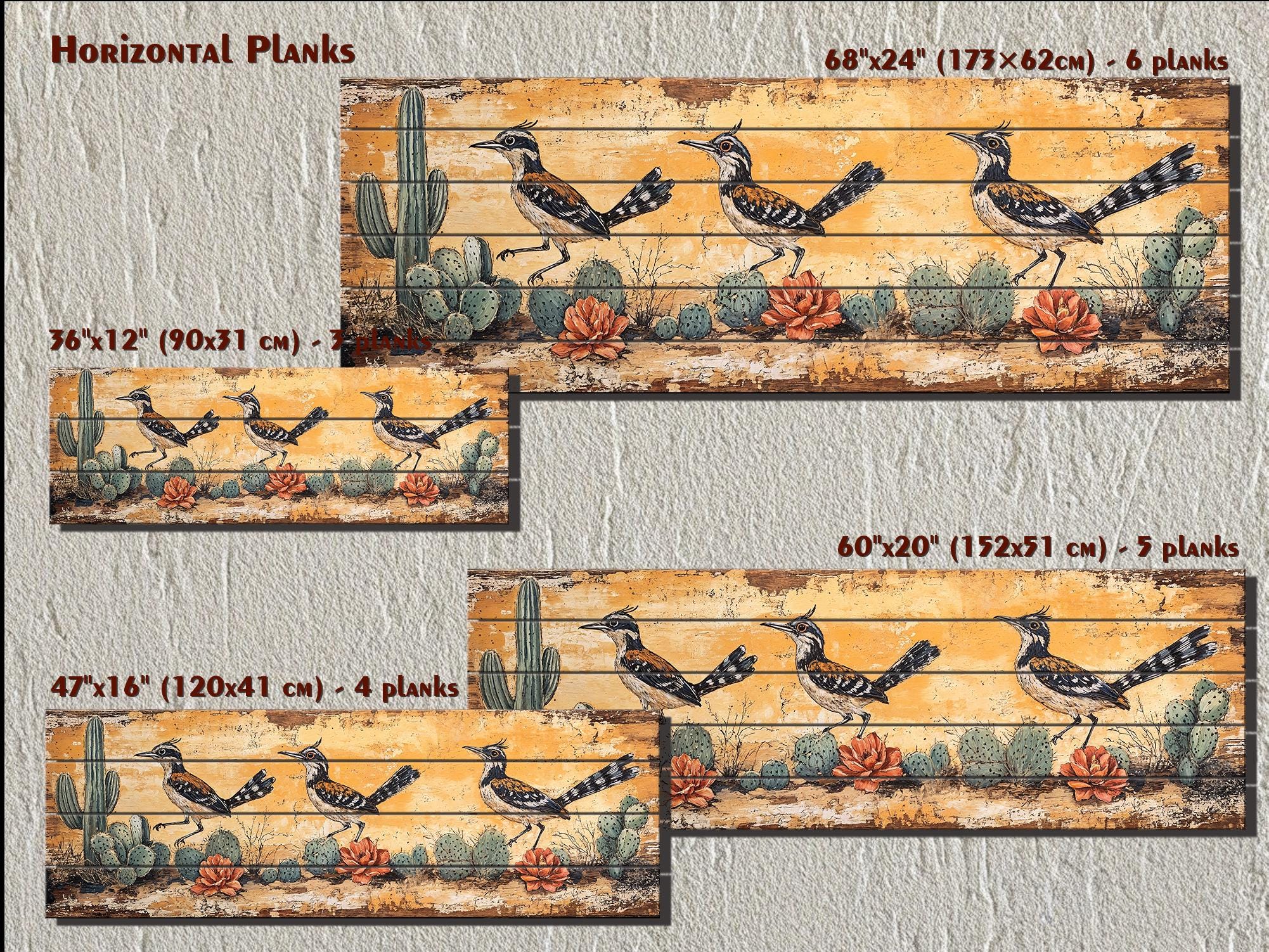 Roadrunners Wood Wall Art - Distressed Wood Print With Cactus & Desert Scene