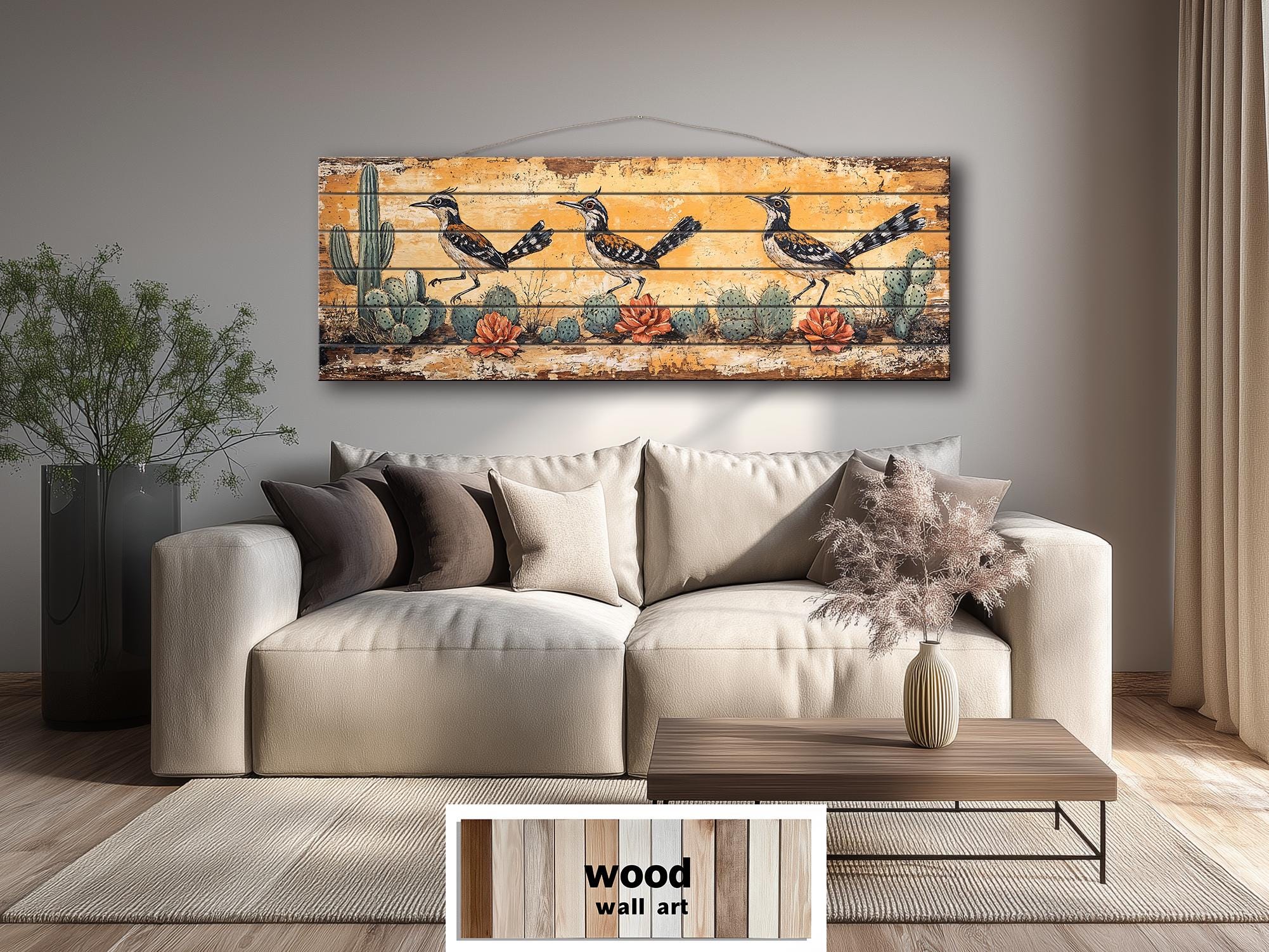 Roadrunners Wood Wall Art - Distressed Wood Print With Cactus & Desert Scene