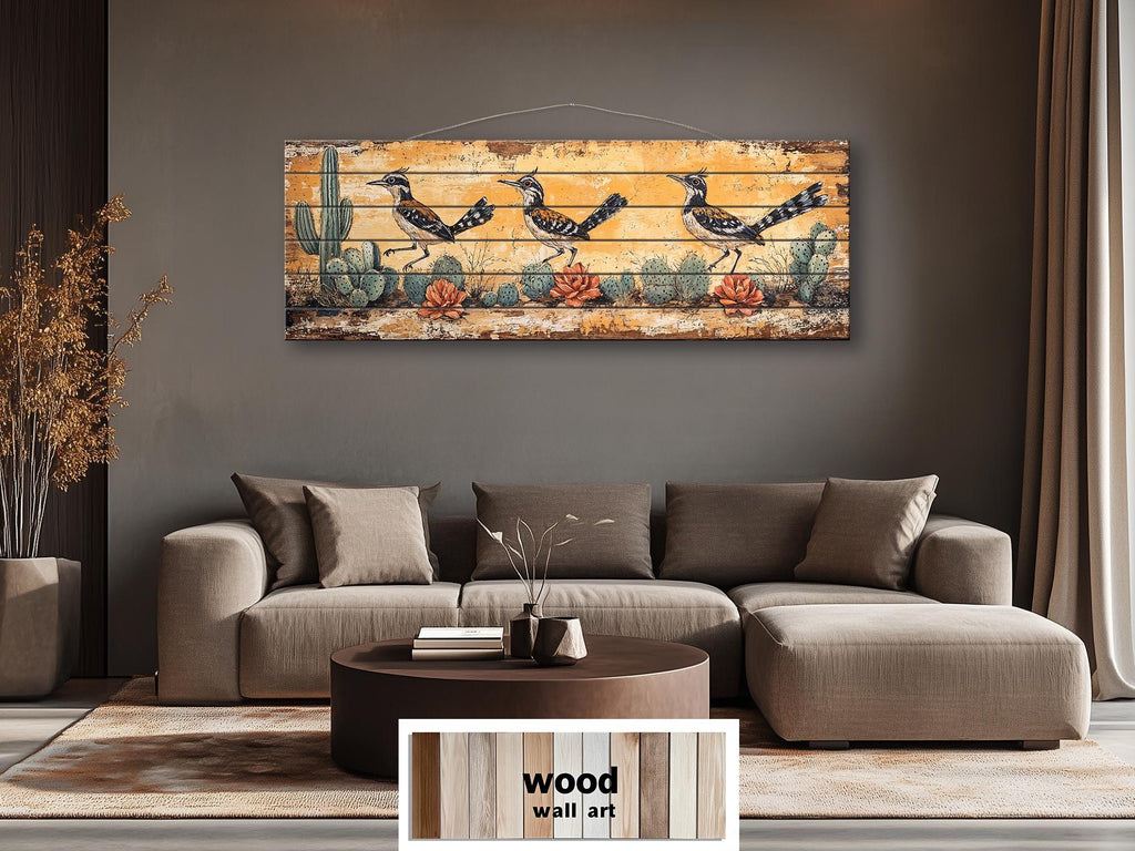 Roadrunners Wood Wall Art - Distressed Wood Print With Cactus & Desert Scene