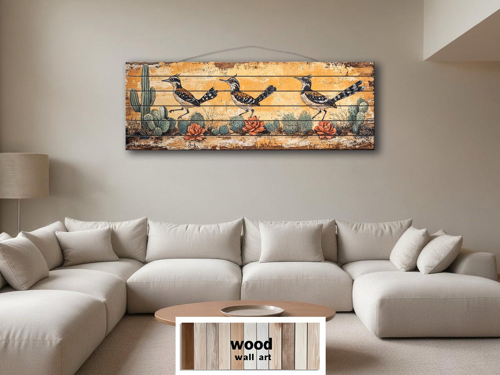 Roadrunners Wood Wall Art - Distressed Wood Print With Cactus & Desert Scene