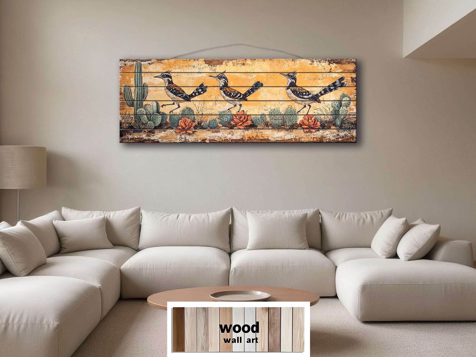 Roadrunners Wood Wall Art - Distressed Wood Print With Cactus & Desert Scene