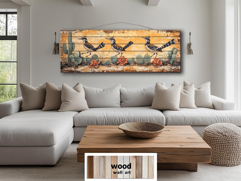Roadrunners Wood Wall Art - Distressed Wood Print With Cactus & Desert Scene