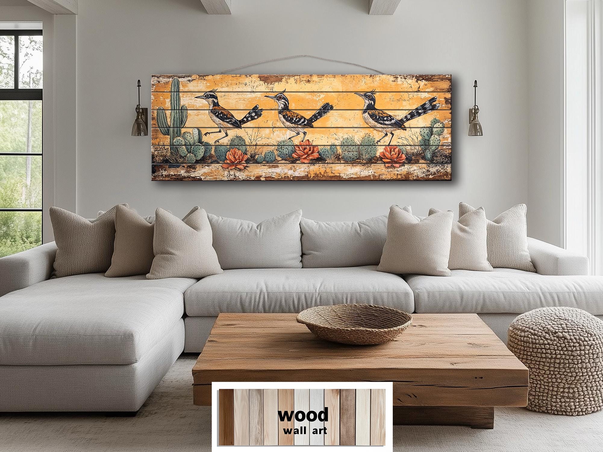 Roadrunners Wood Wall Art - Distressed Wood Print With Cactus & Desert Scene