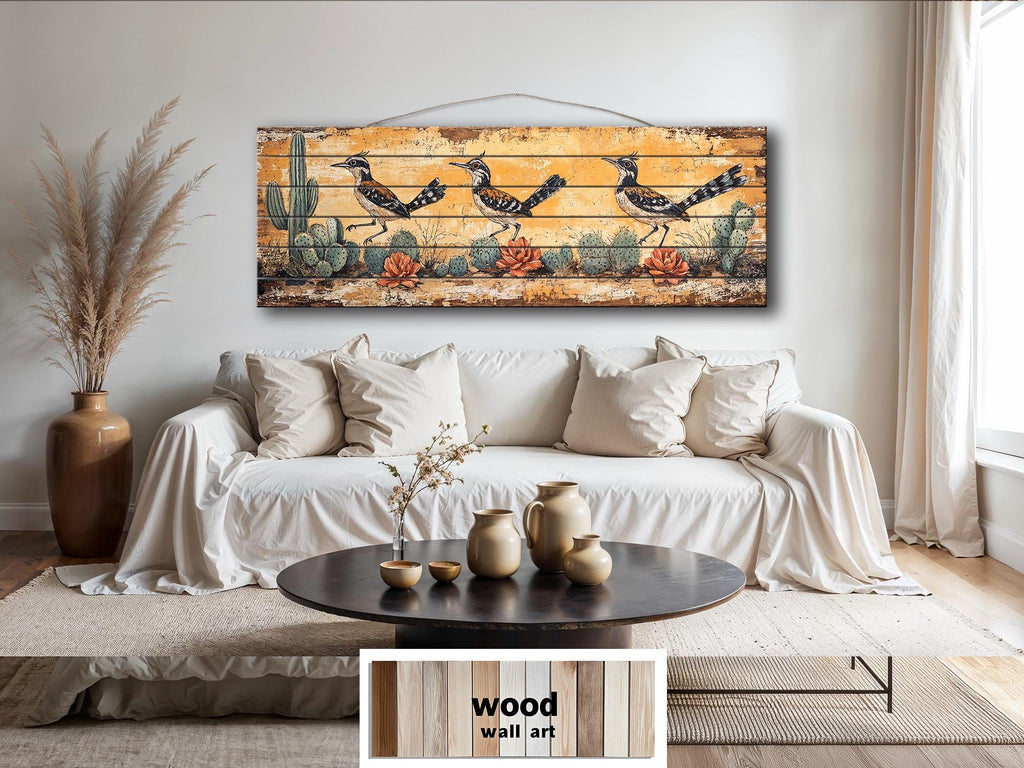 Roadrunners Wood Wall Art - Distressed Wood Print With Cactus & Desert Scene