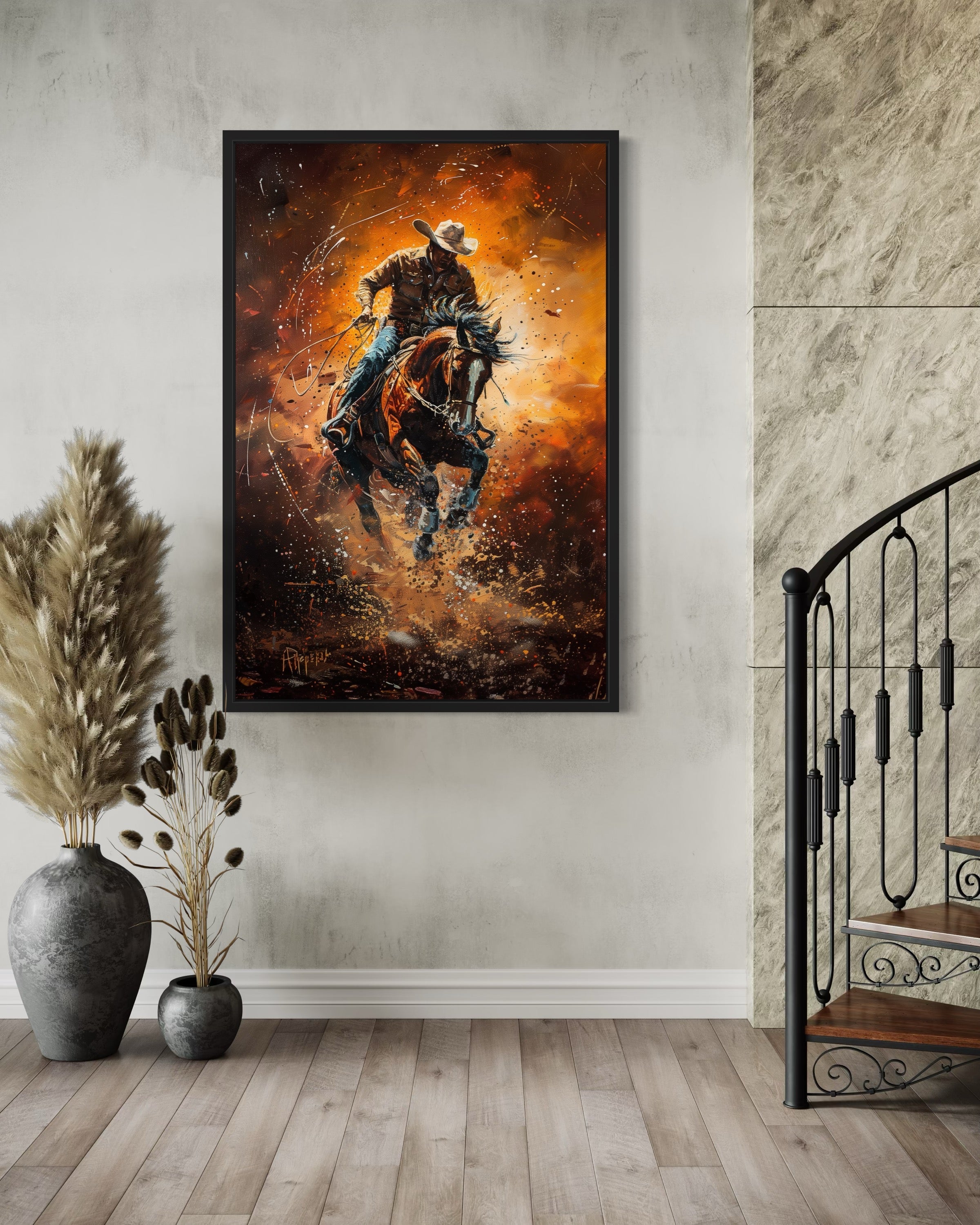 Rodeo Cowboy Riding Bucking Bronco Western Canvas Wall Art