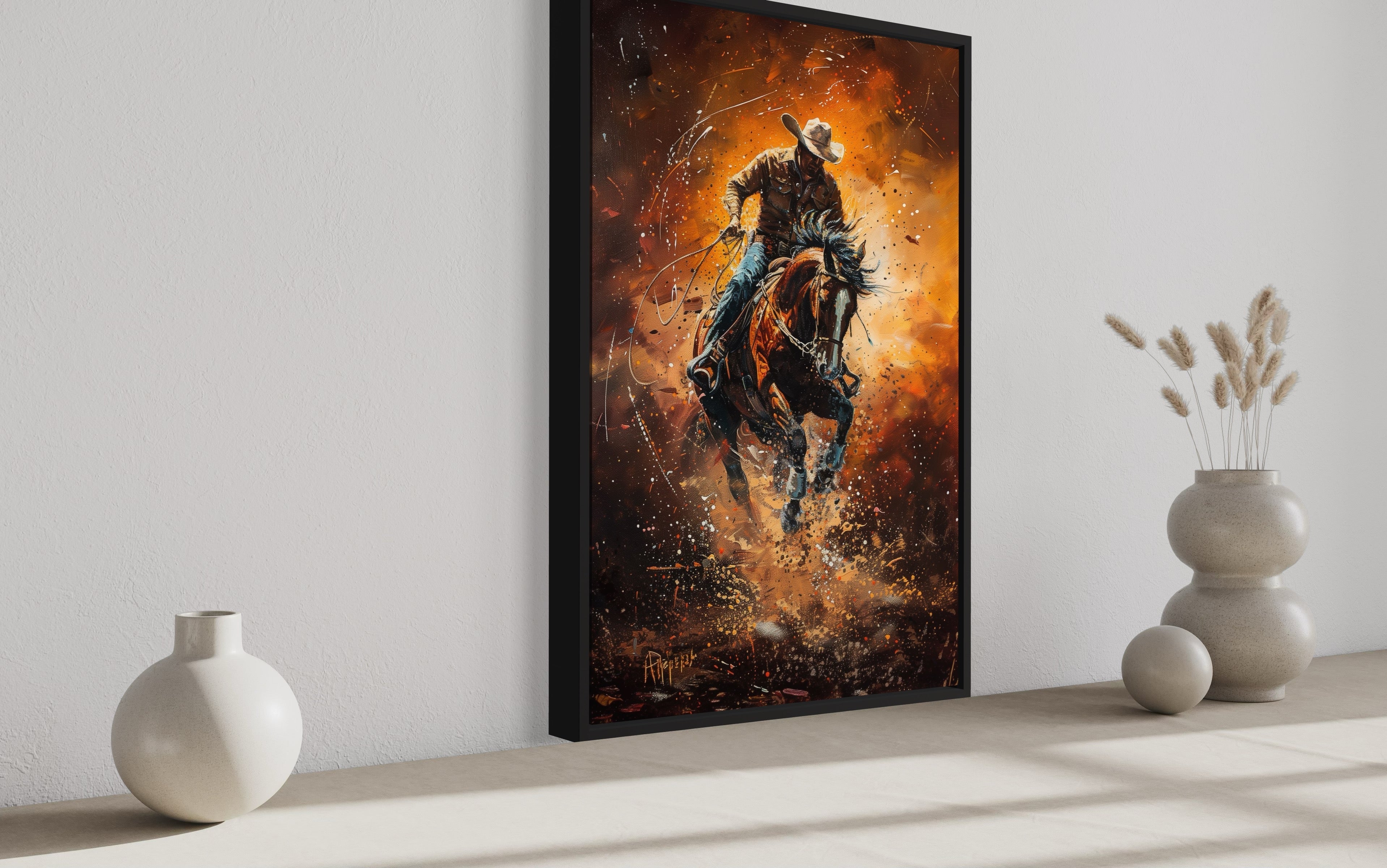 Rodeo Cowboy Riding Bucking Bronco Western Canvas Wall Art