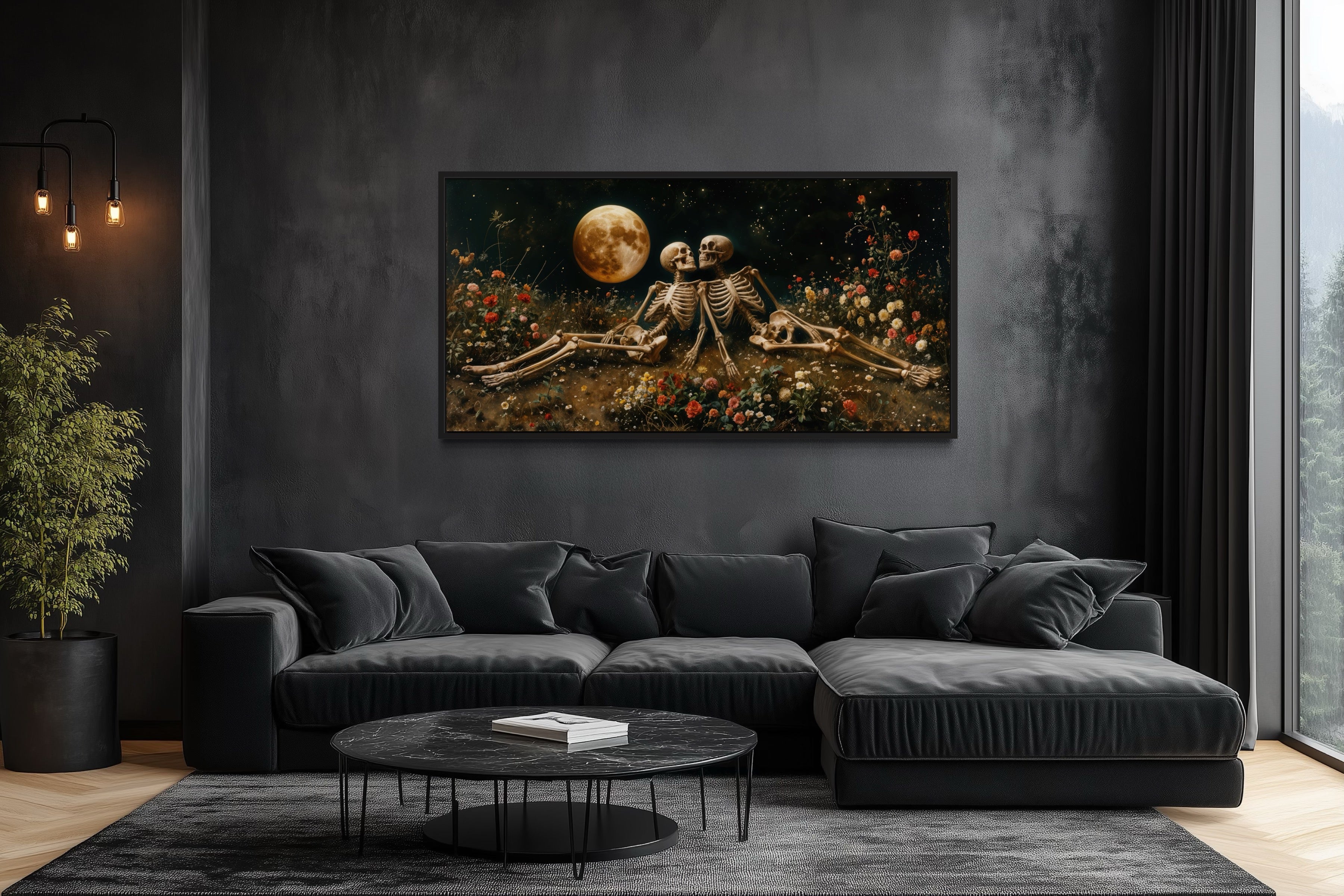 Romantic Gothic Wall Art – Eternal Love Skeletons Floral Gothic Decor for Home