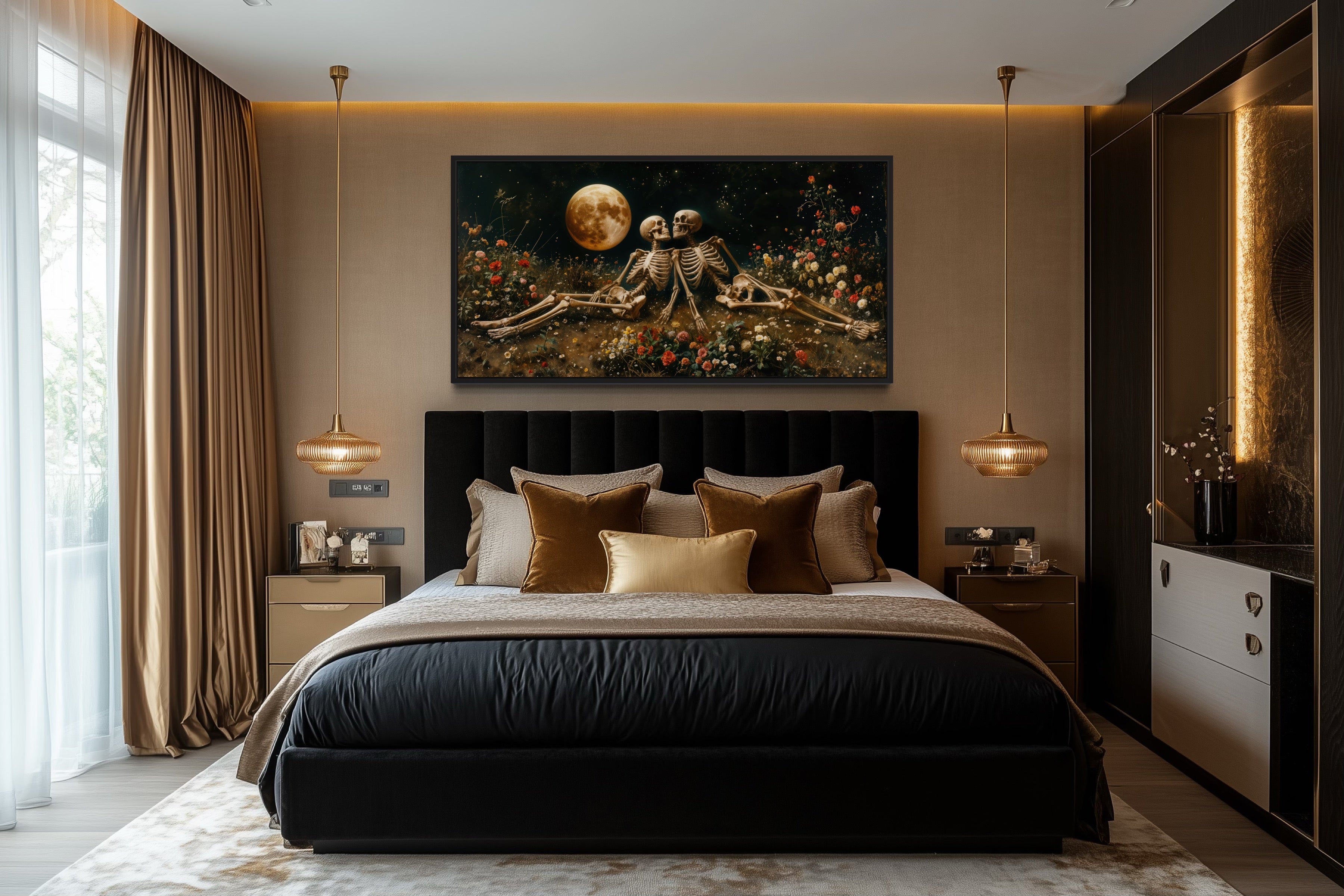 Romantic Gothic Wall Art – Eternal Love Skeletons Floral Gothic Decor for Home