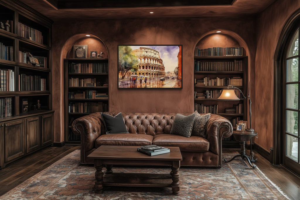 Rome Street With The Colosseum Vintage Framed Canvas Wall Art