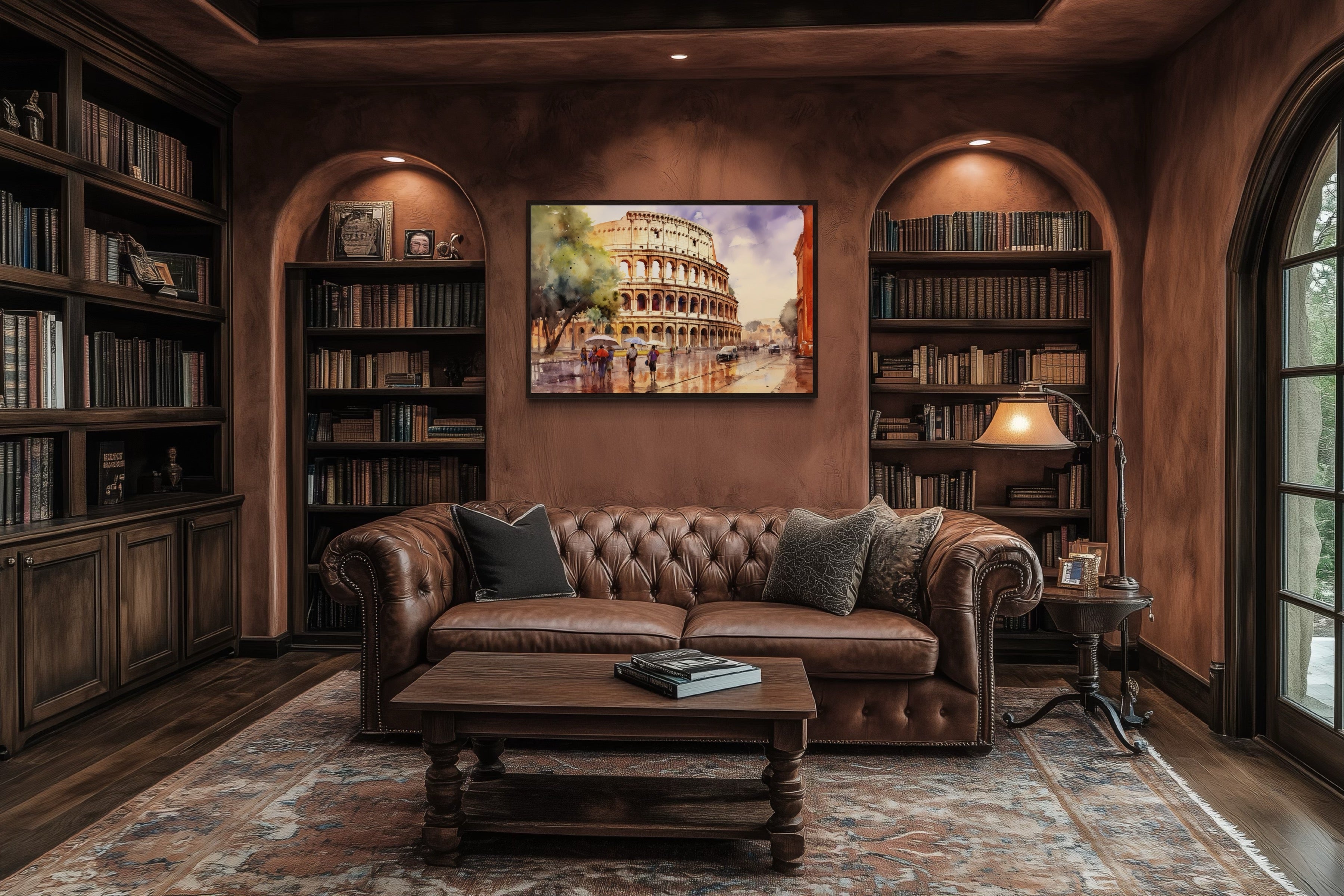 Rome Street With The Colosseum Vintage Framed Canvas Wall Art