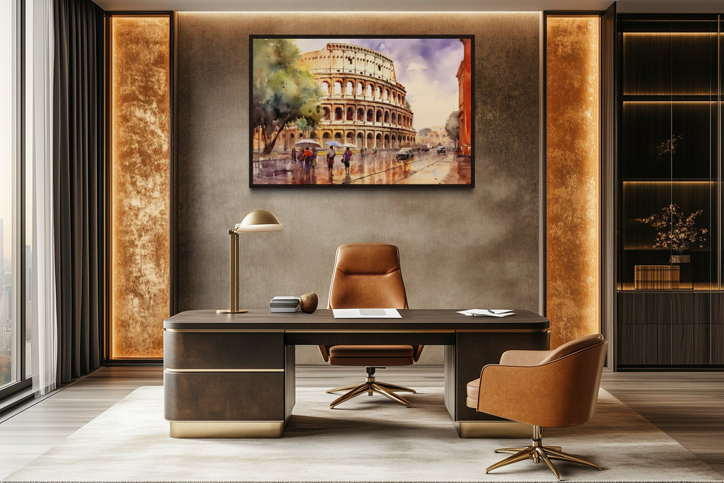 Rome Street With The Colosseum Vintage Framed Canvas Wall Art