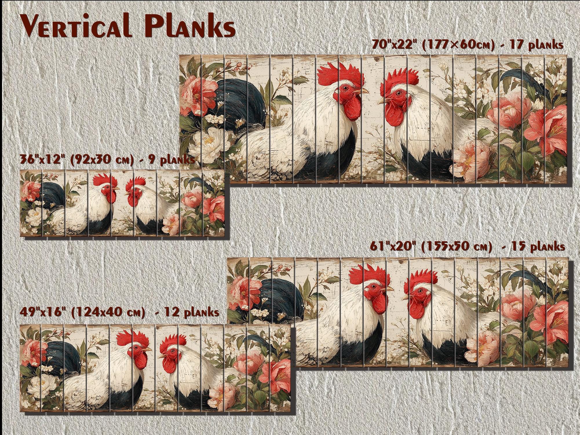 Roosters Pair In Floral Garden Distressed Wood Wall Art