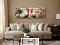 Roosters Pair In Floral Garden Distressed Wood Wall Art