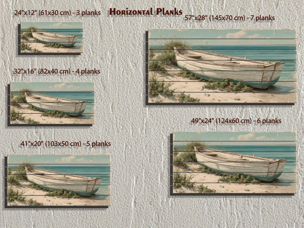 Rowboat On Coastal Shore Distressed Wood Wall Art