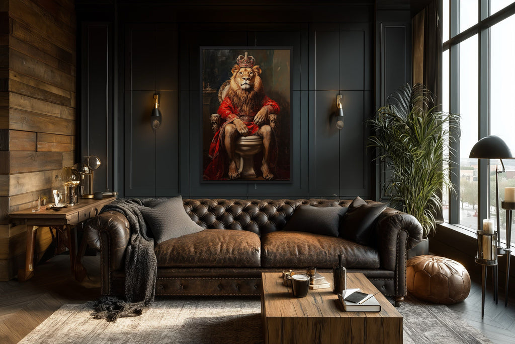 Royal Lion With Crown Sitting on Toilet Framed Canvas Picture
