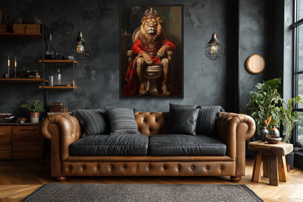 Royal Lion With Crown Sitting on Toilet Framed Canvas Picture