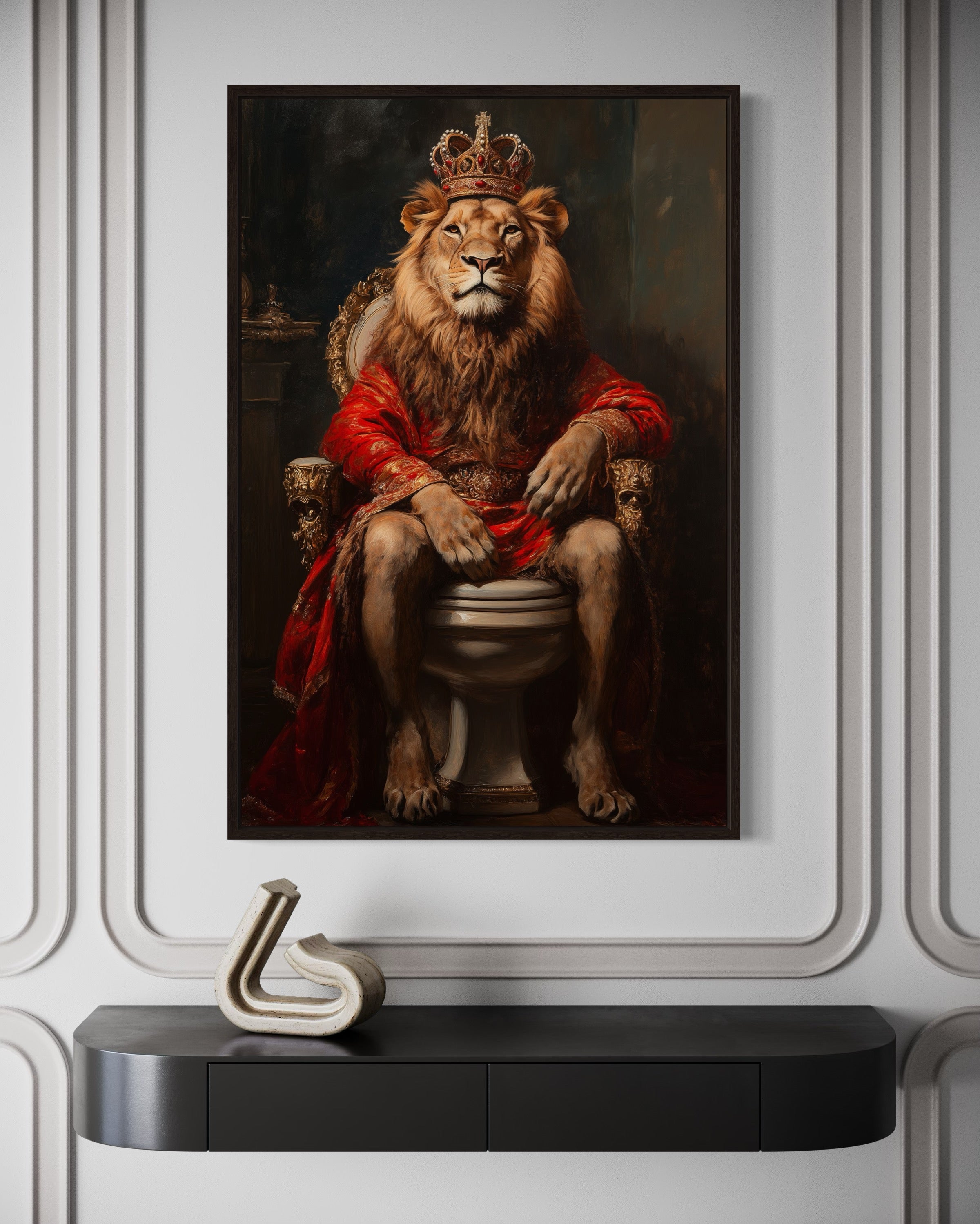 Royal Lion With Crown Sitting on Toilet Framed Canvas Picture