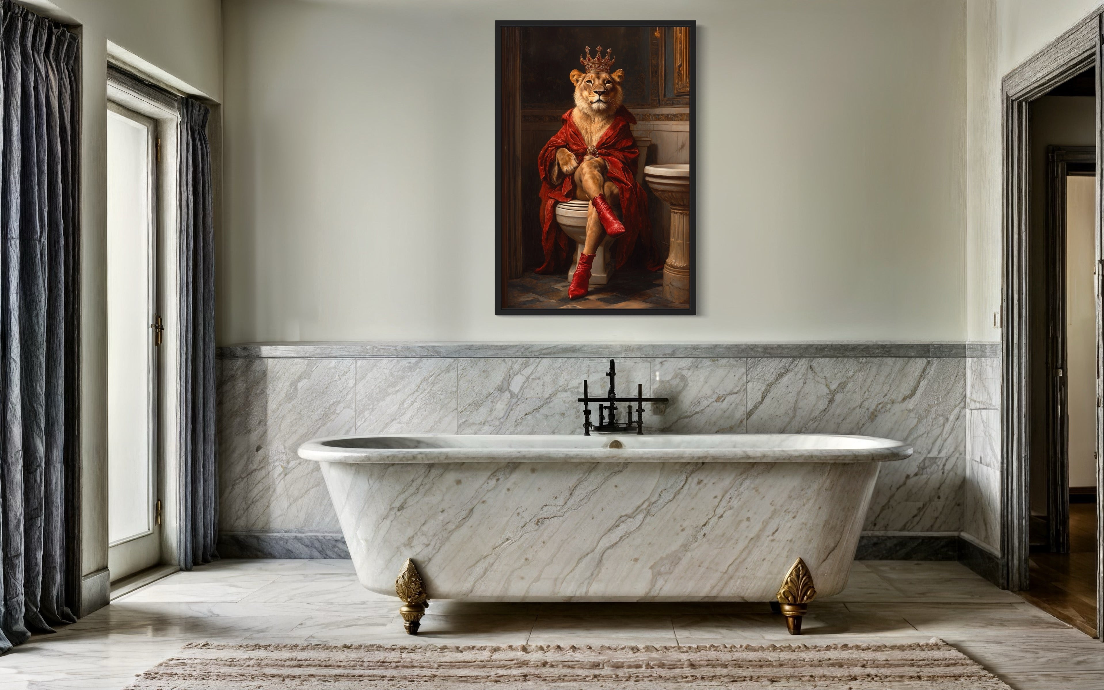 Royal Lioness With Crown Sitting on Toilet Framed Canvas Picture