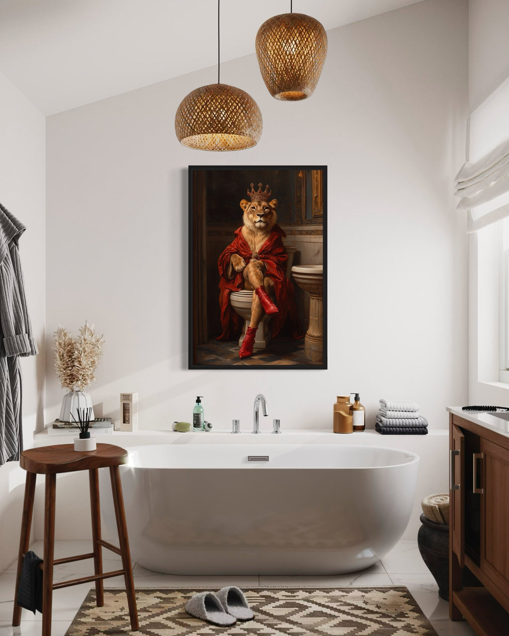 Royal Lioness With Crown Sitting on Toilet Framed Canvas Picture