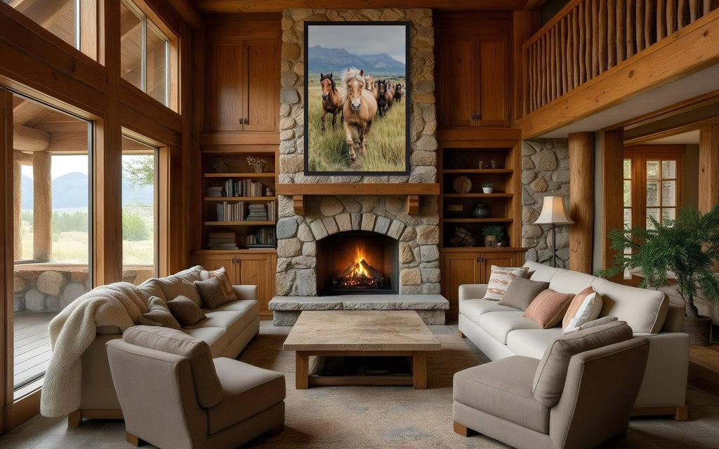 Running Horses in Mountain Field Photography Style Wall Art