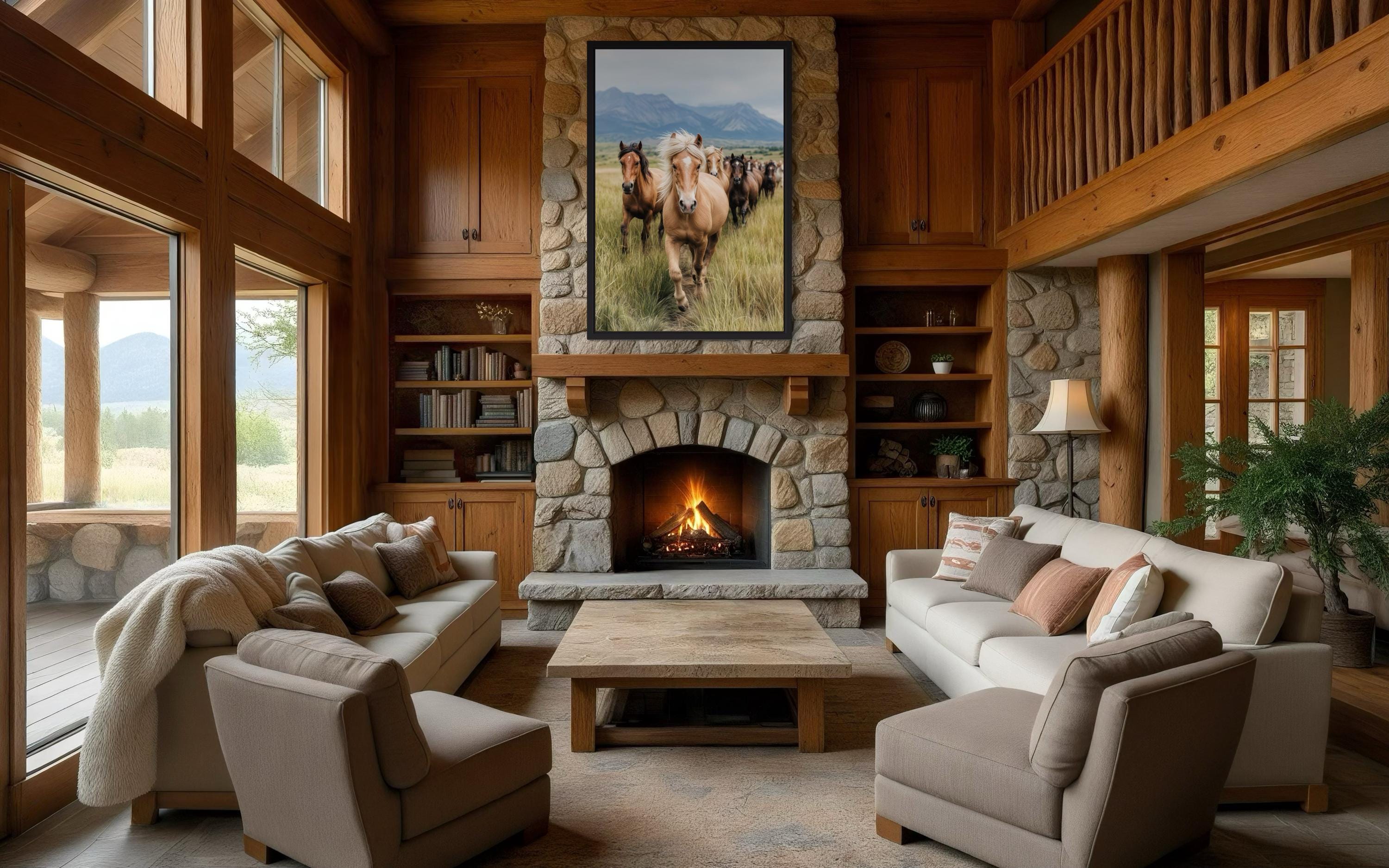 Running Horses in Mountain Field Photography Style Wall Art
