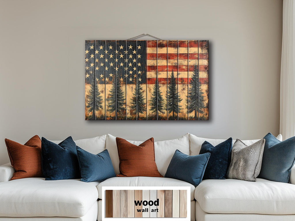Rustic American Flag With Pine Trees Wood Sign For Man Cave Wall Decor