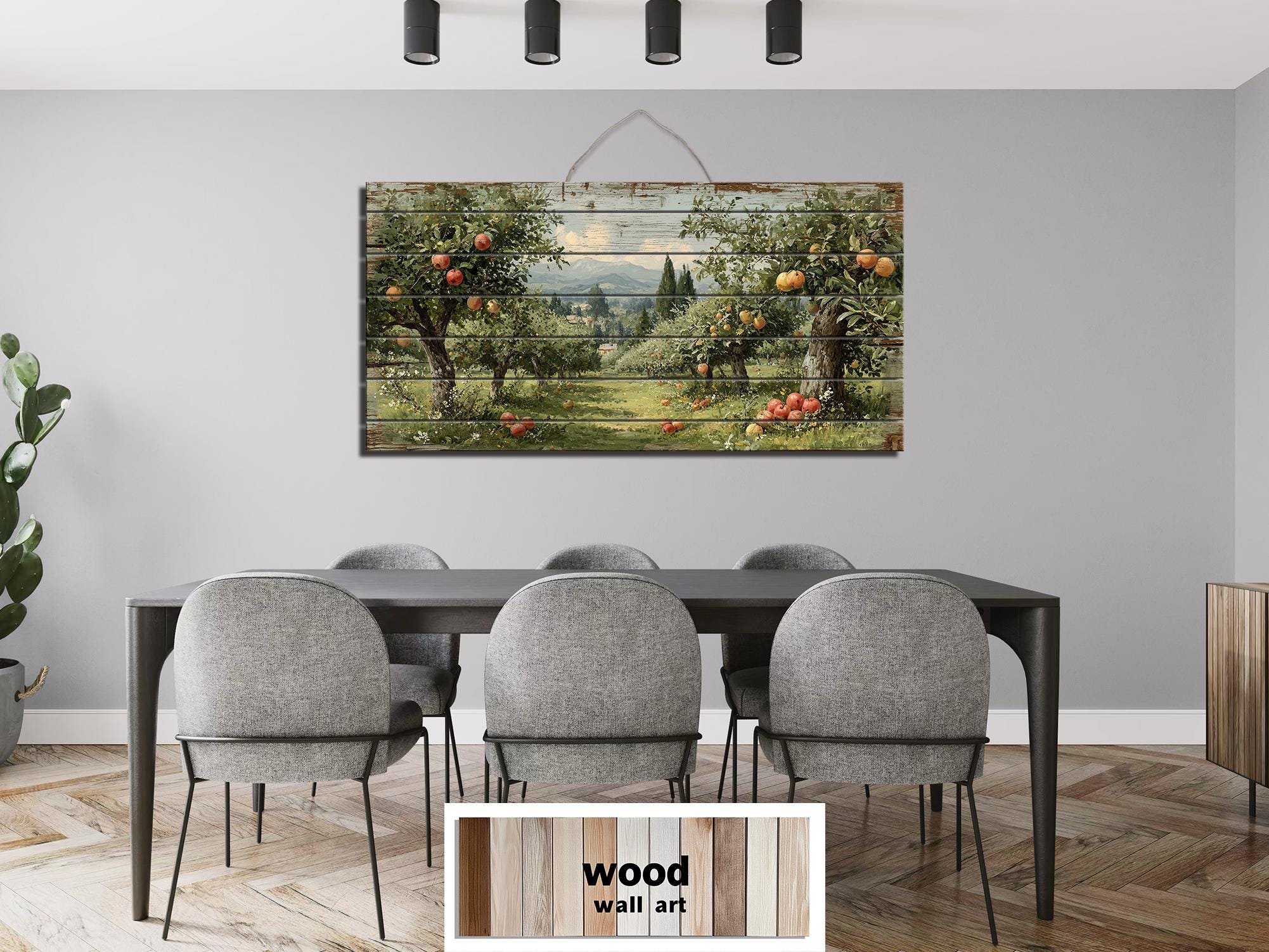 Rustic Apple Orchard Landscape Distressed Wood Wall Art
