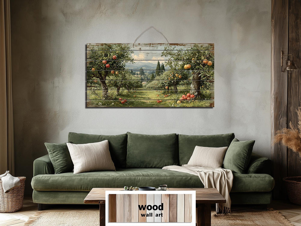 Rustic Apple Orchard Landscape Distressed Wood Wall Art
