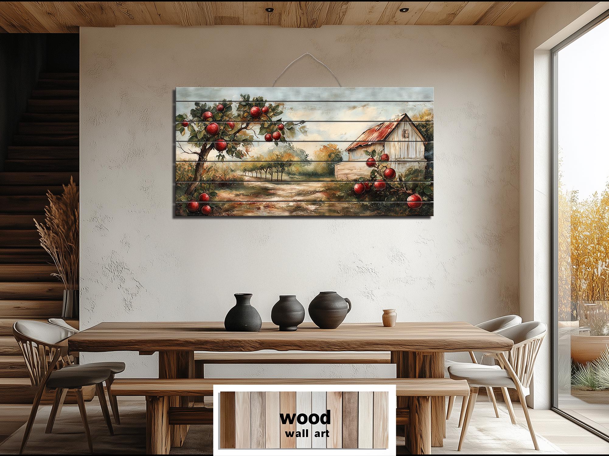 Rustic Apple Orchard With Barn Distressed Wood Dining Room Wall Art