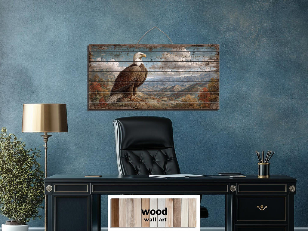 Rustic Bald Eagle Wall Art – Mountain Landscape Distressed Wood Art | Decor For Men
