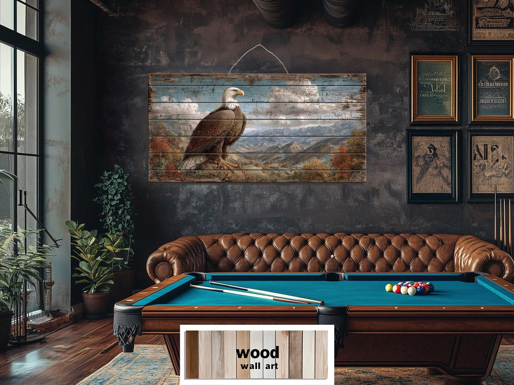 Rustic Bald Eagle Wall Art – Mountain Landscape Distressed Wood Art | Decor For Men