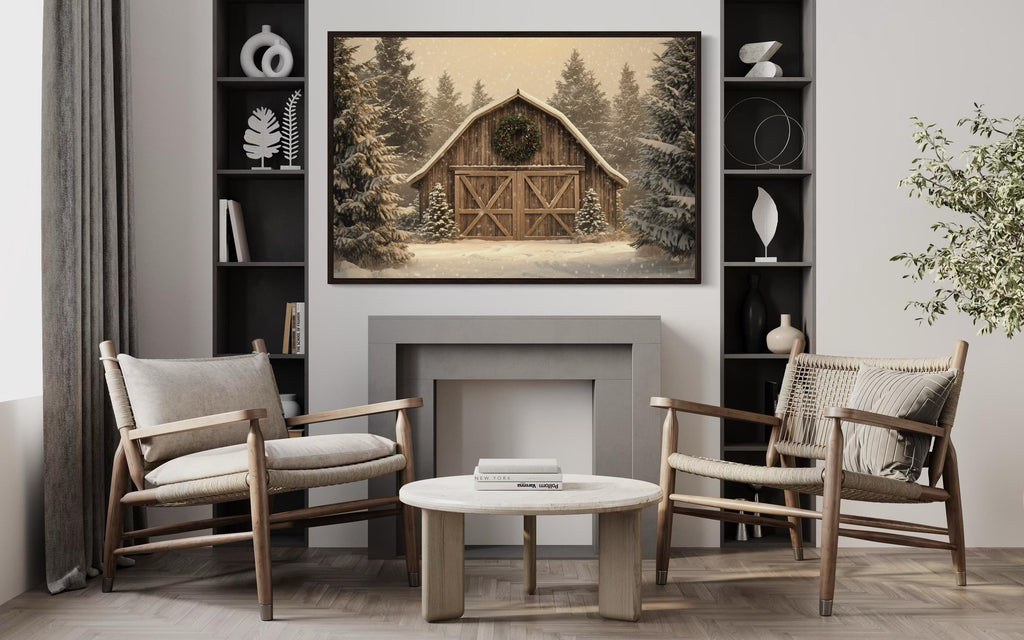 Rustic Barn Christmas Canvas Wall Art  Framed Holiday Decor