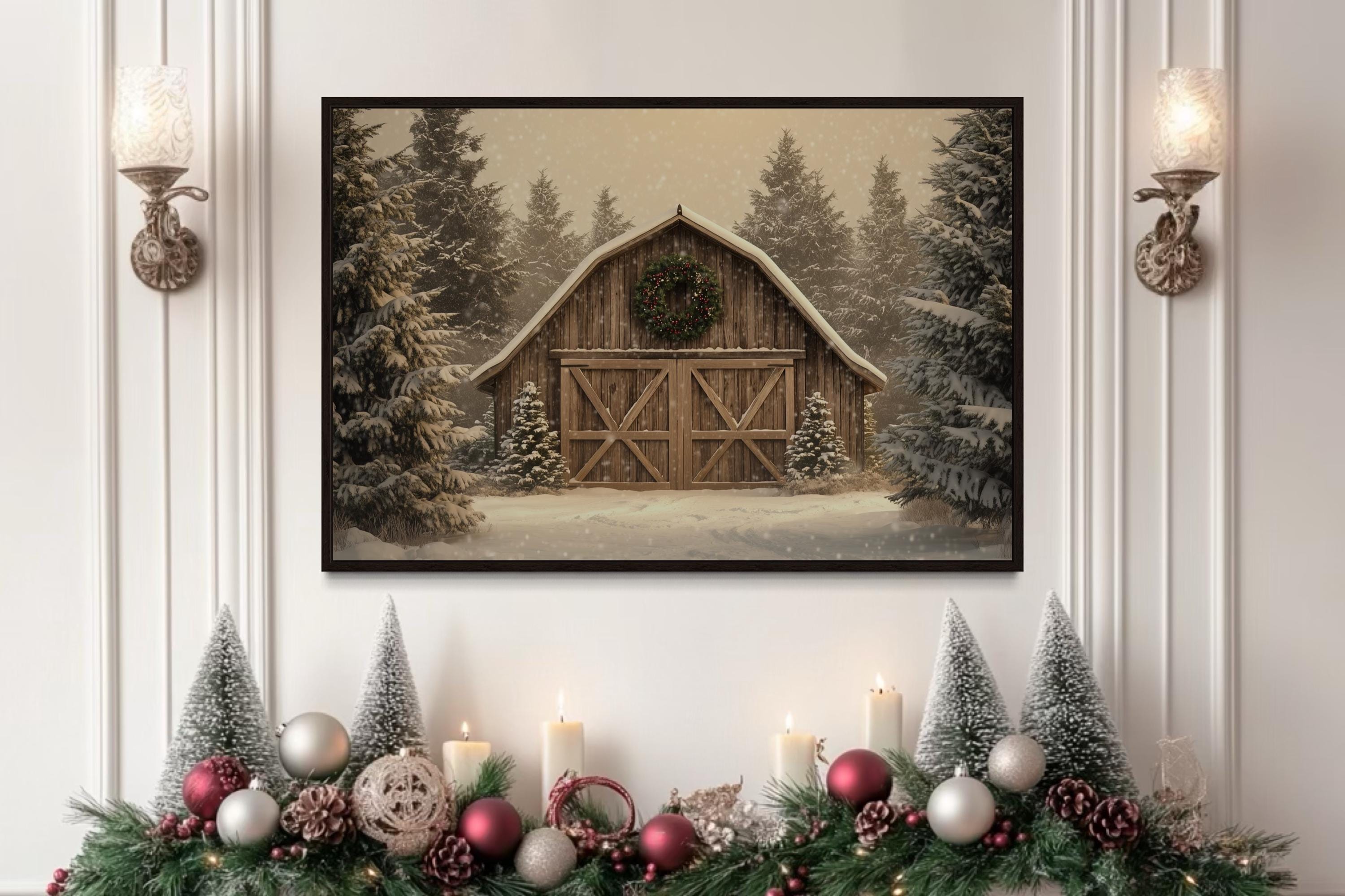 Rustic Barn Christmas Canvas Wall Art  Framed Holiday Decor