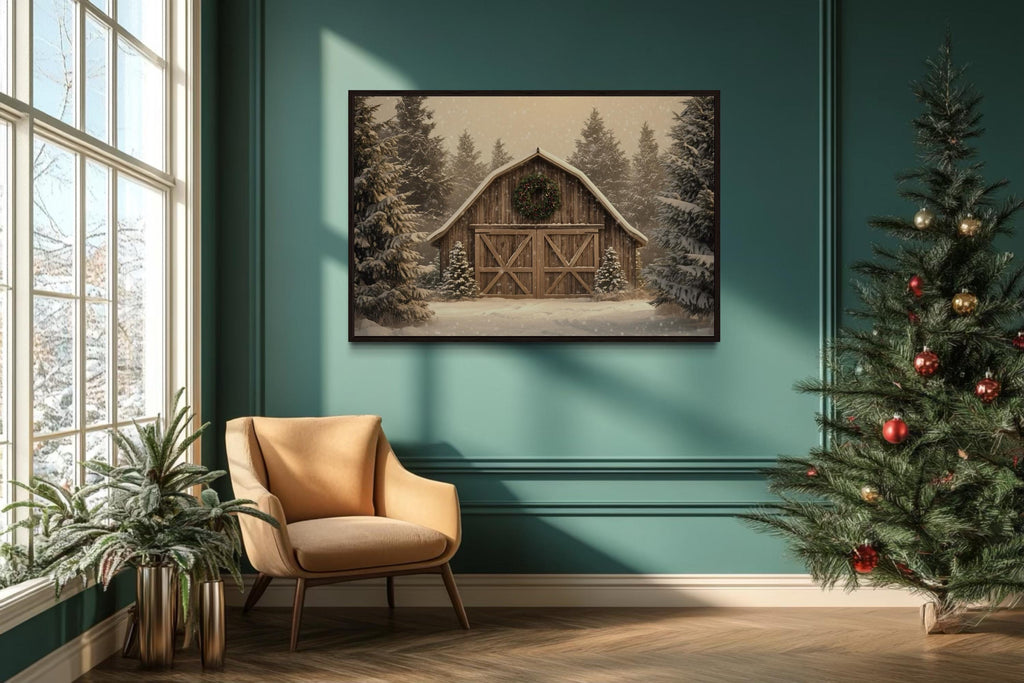 Rustic Barn Christmas Canvas Wall Art  Framed Holiday Decor