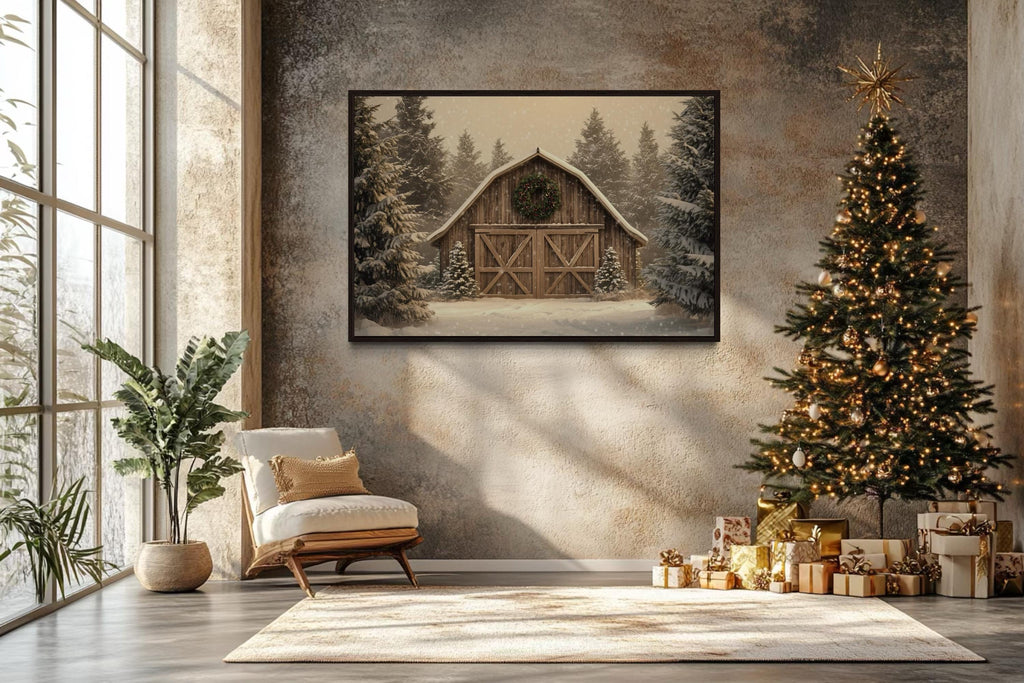 Rustic Barn Christmas Canvas Wall Art  Framed Holiday Decor