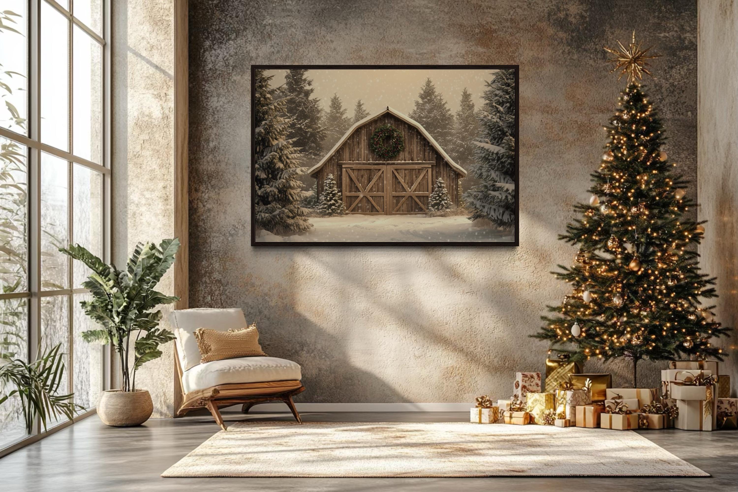 Rustic Barn Christmas Canvas Wall Art  Framed Holiday Decor