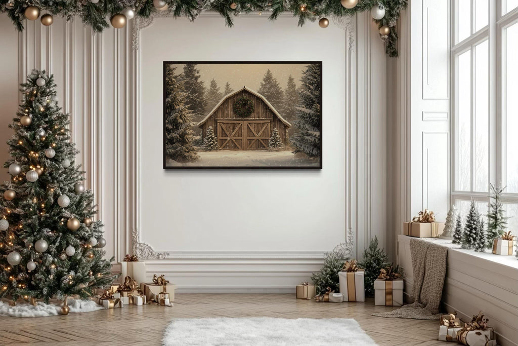 Rustic Barn Christmas Canvas Wall Art  Framed Holiday Decor