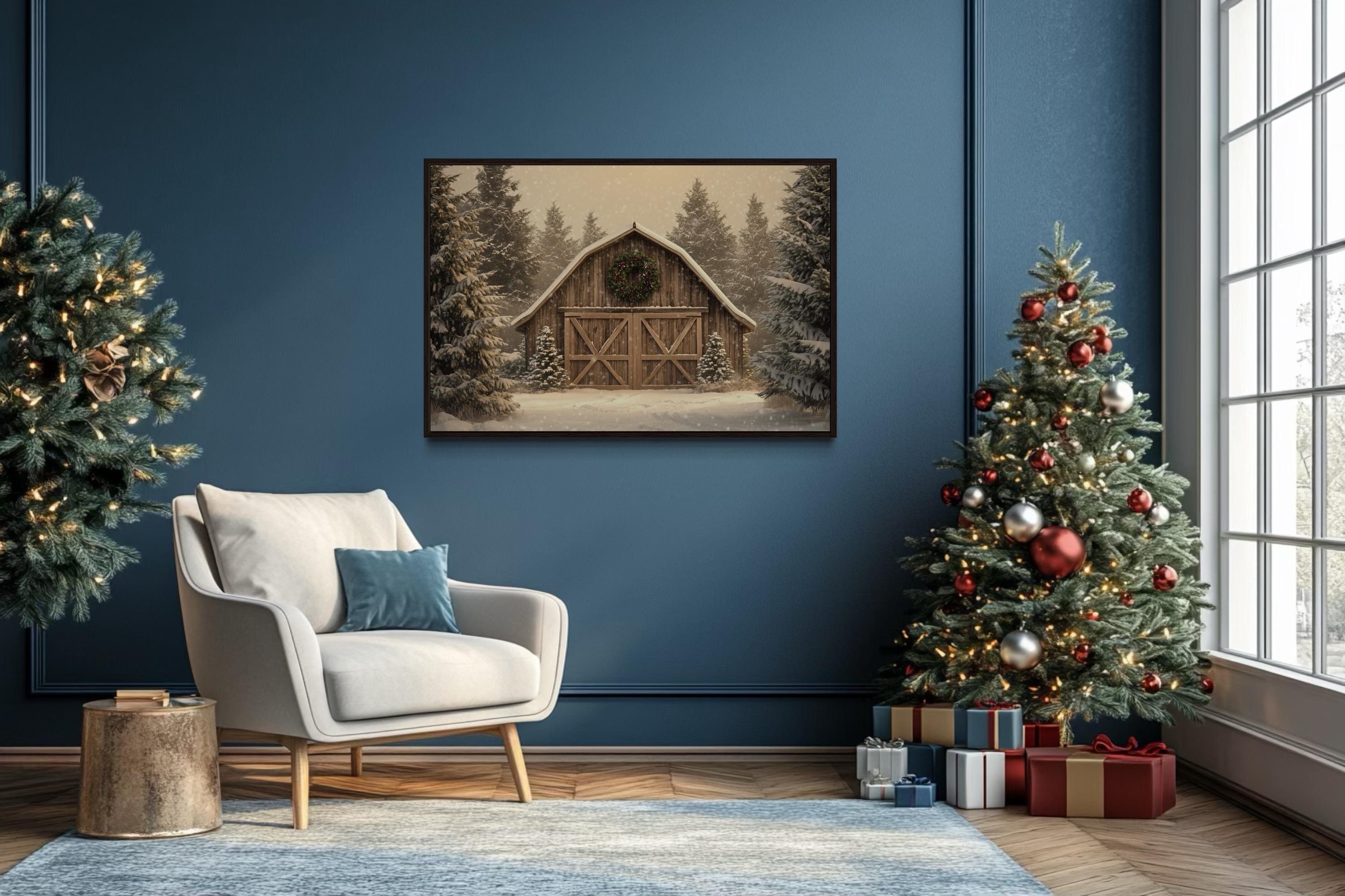 Rustic Barn Christmas Canvas Wall Art  Framed Holiday Decor