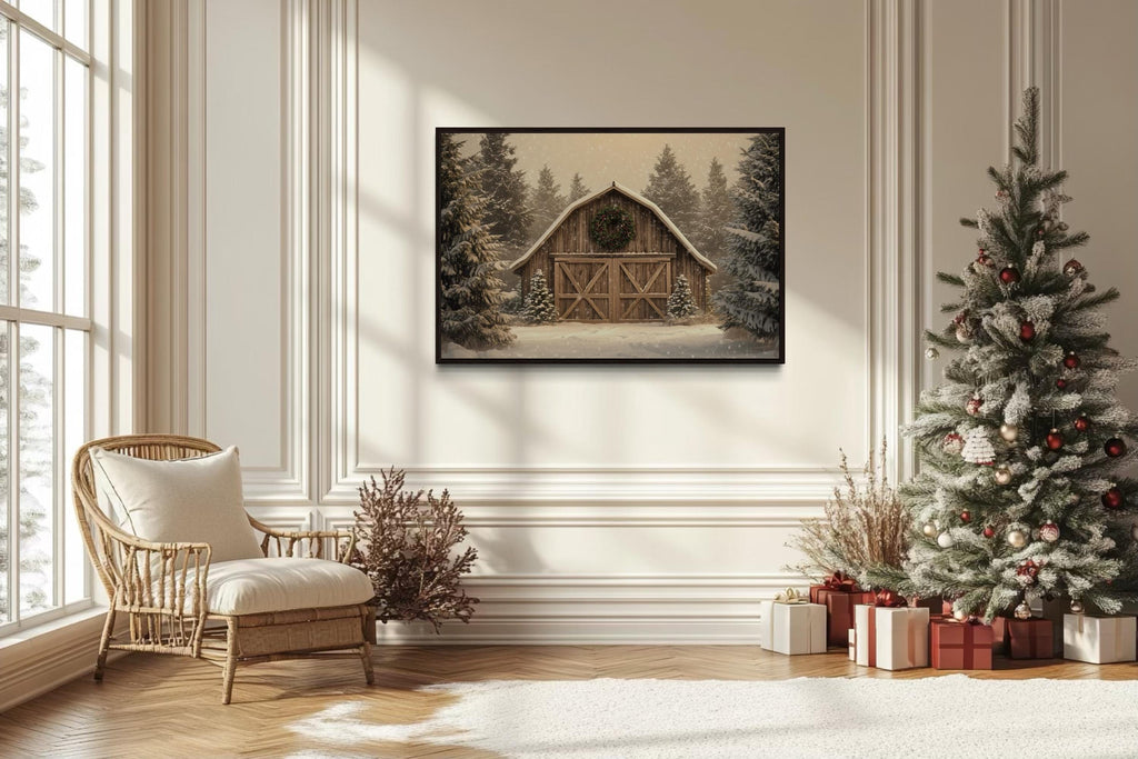 Rustic Barn Christmas Canvas Wall Art  Framed Holiday Decor