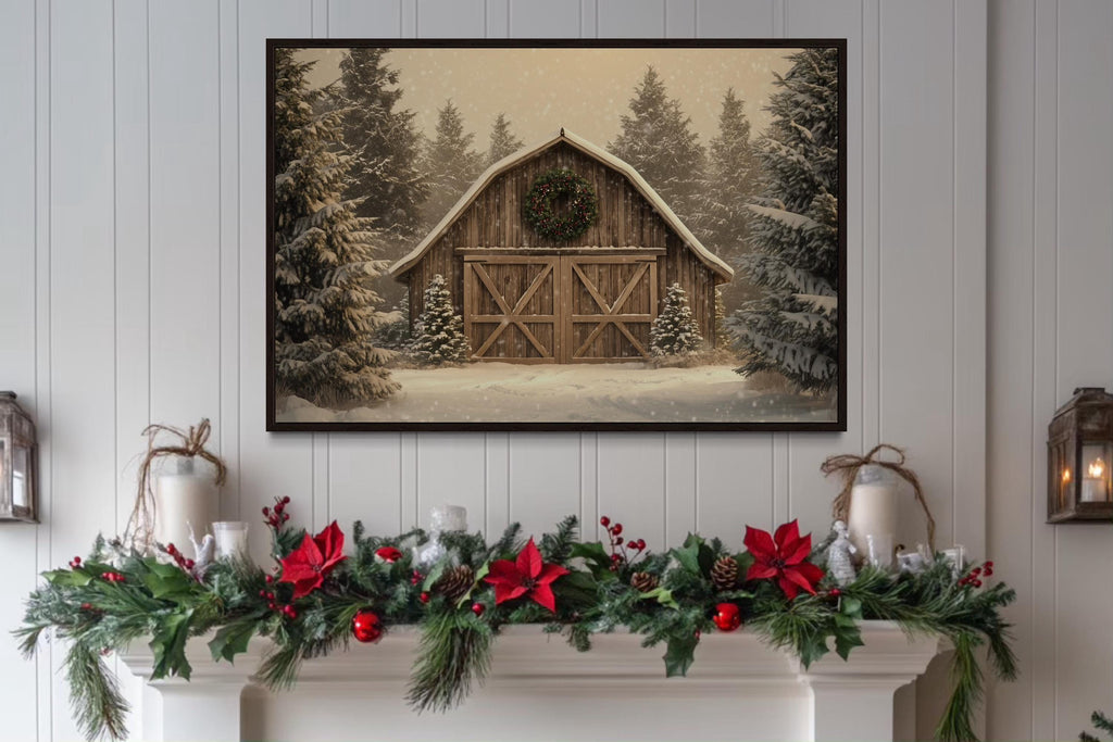 Rustic Barn Christmas Canvas Wall Art  Framed Holiday Decor
