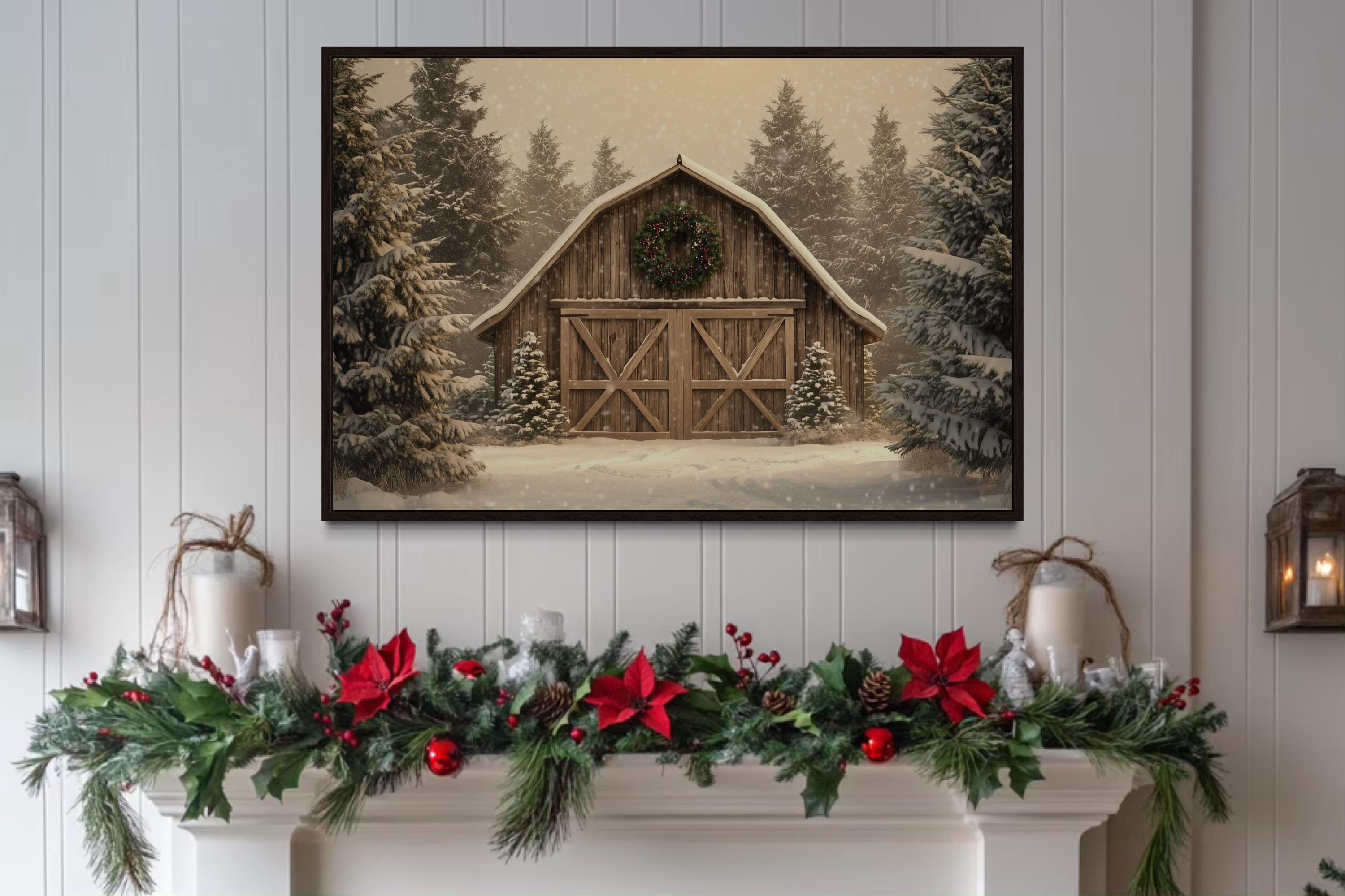Rustic Barn Christmas Canvas Wall Art  Framed Holiday Decor
