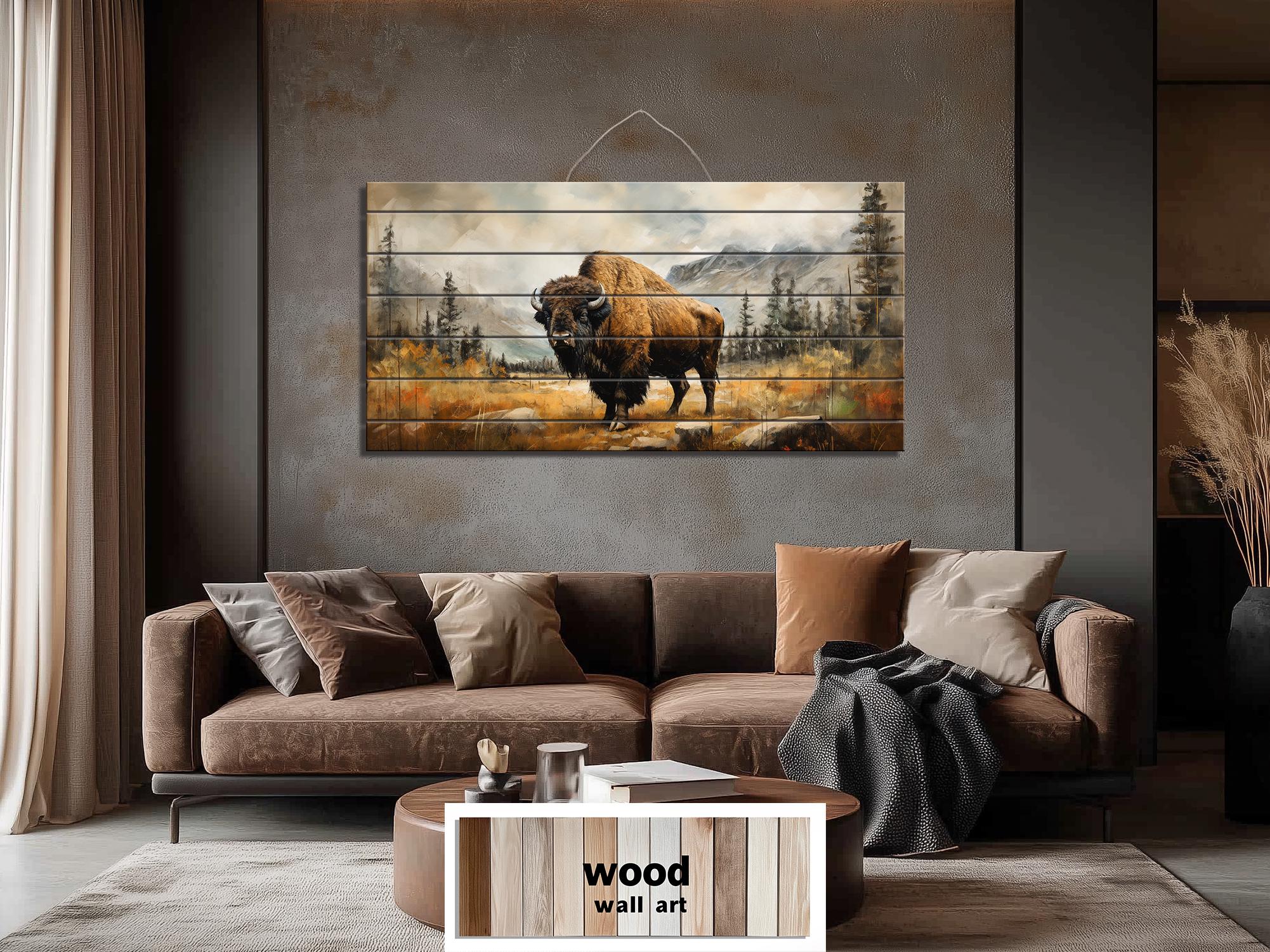 Rustic Bison Wall Art - Distressed Wood Mountain Landscape Print | Rustic Lodge Decor for Men