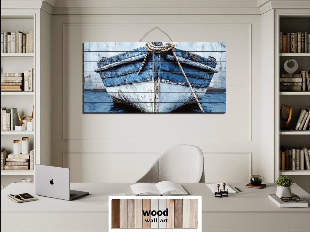Rustic Blue Boat Close Up Coastal Real Wood Wall Art for Beach House