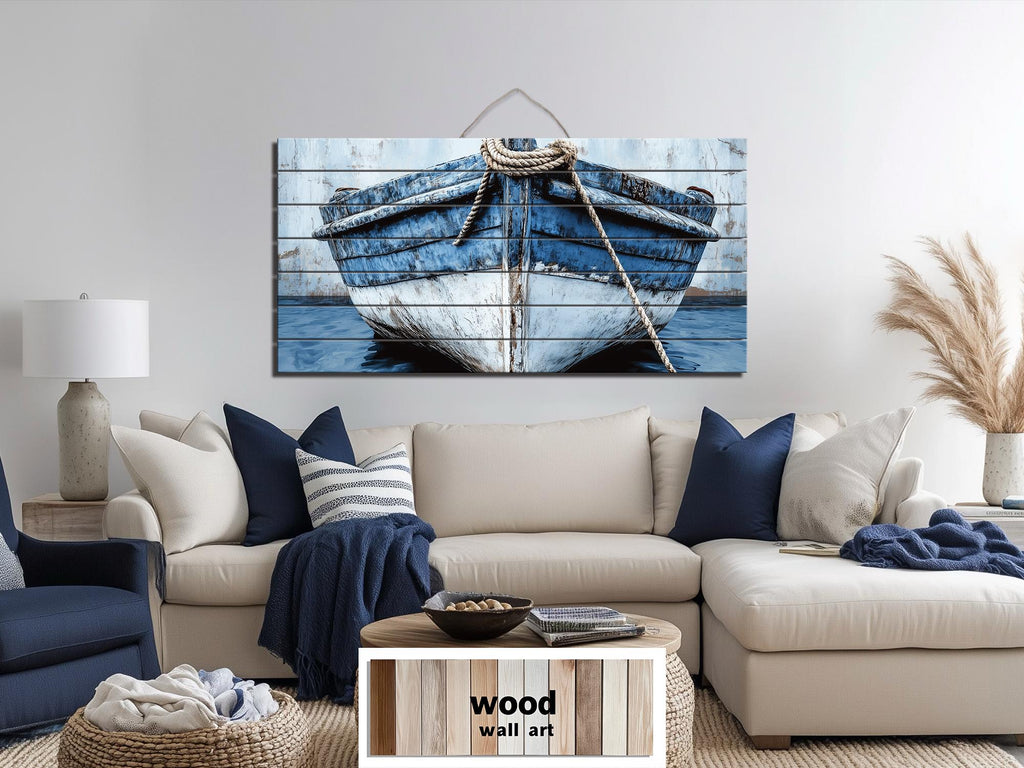 Rustic Blue Boat Close Up Coastal Real Wood Wall Art for Beach House