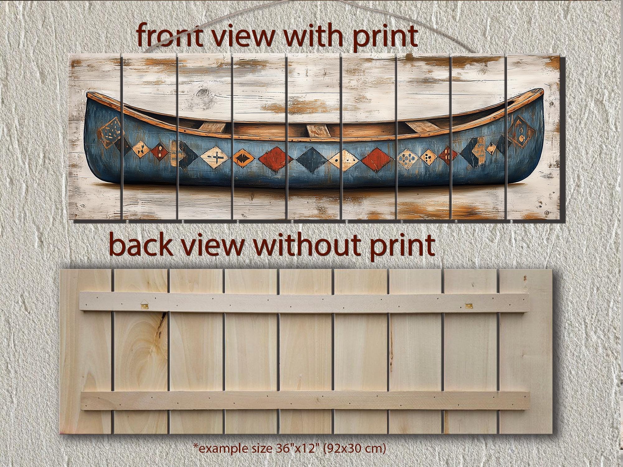 Rustic Blue Canoe Distressed Wall Art on Wood Planks Vintage Lake Cabin Decor