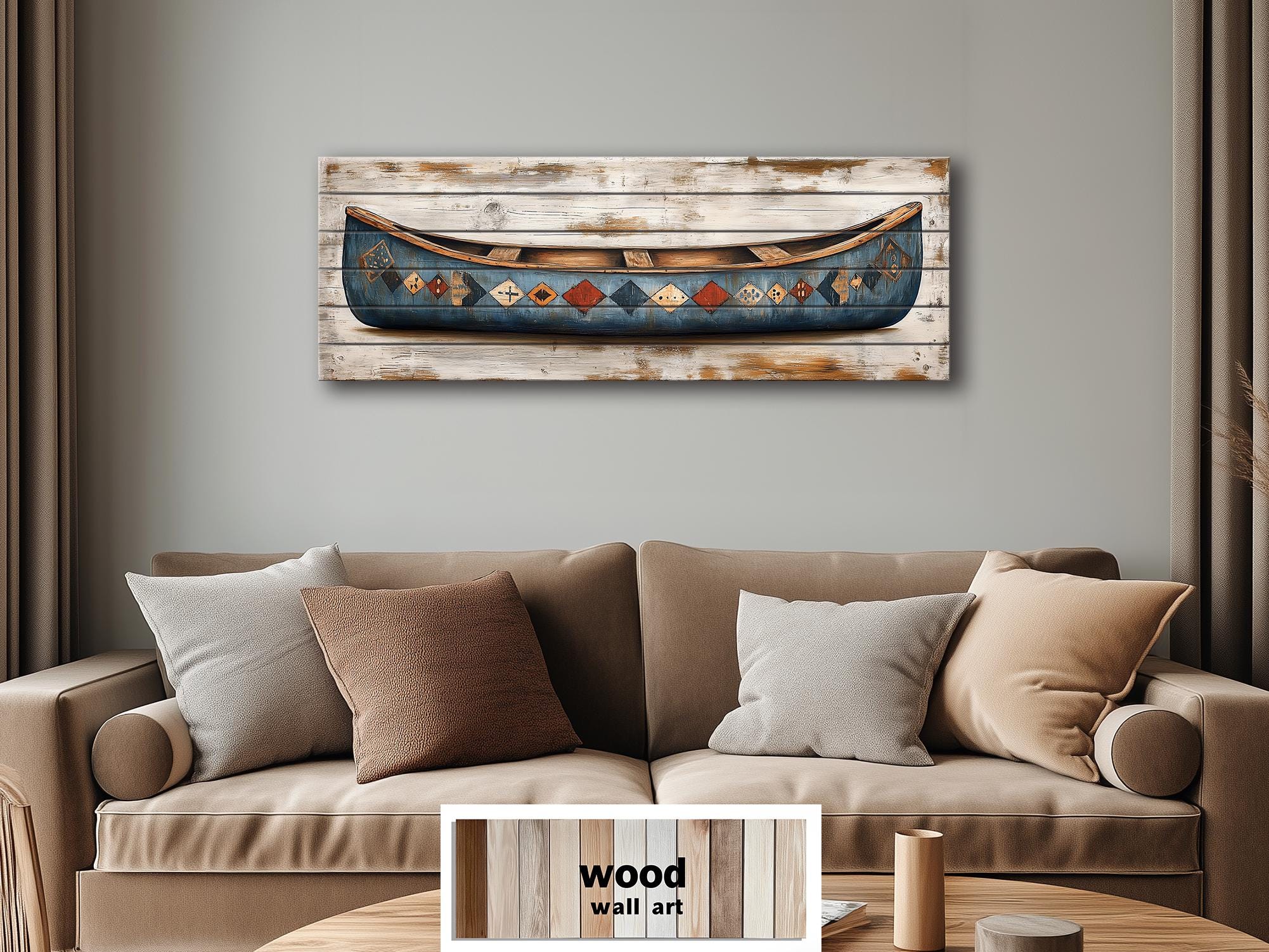 Rustic Blue Canoe Distressed Wall Art on Wood Planks Vintage Lake Cabin Decor