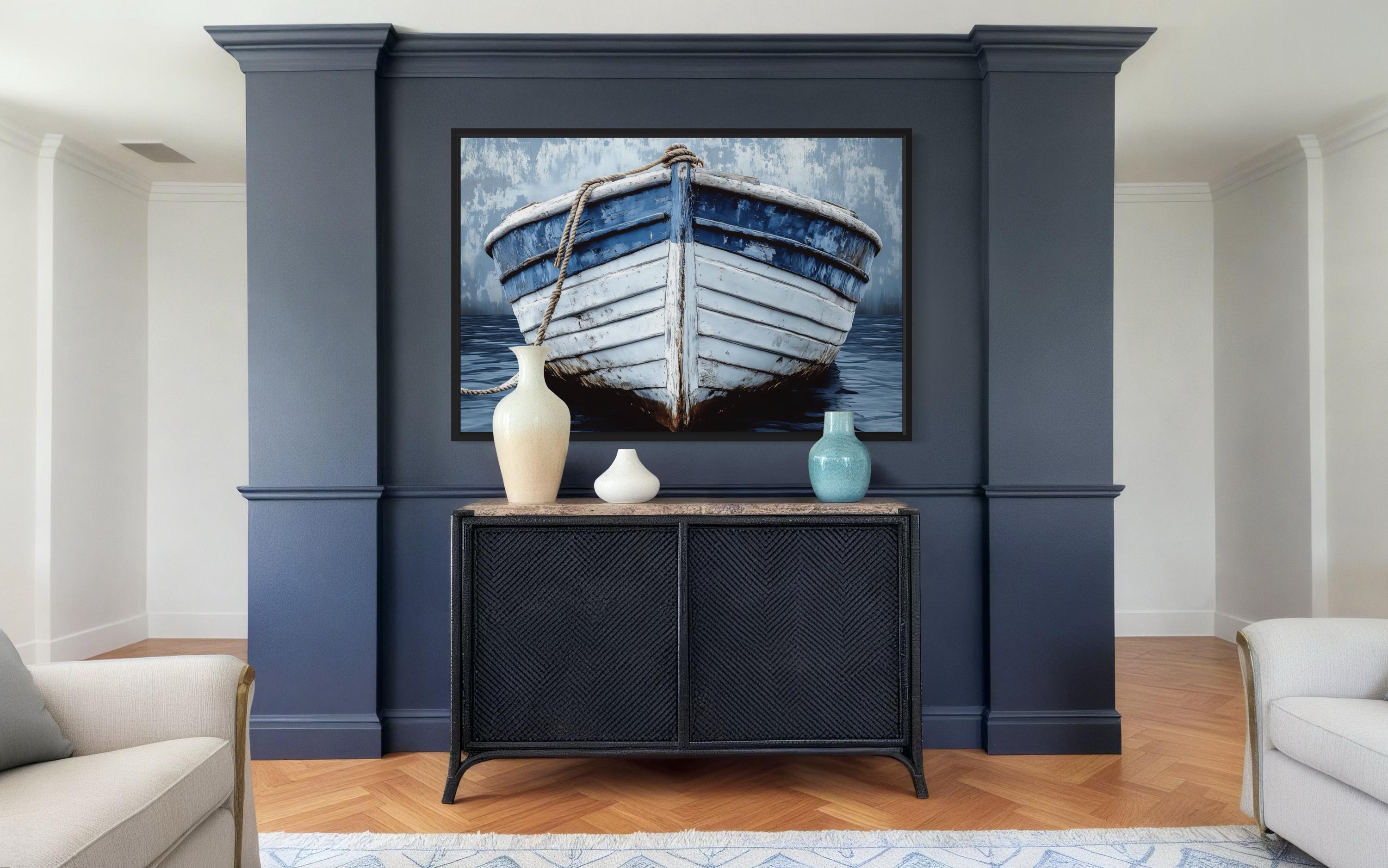 Rustic Boat Front View Blue And White Distressed Coastal Wall Art