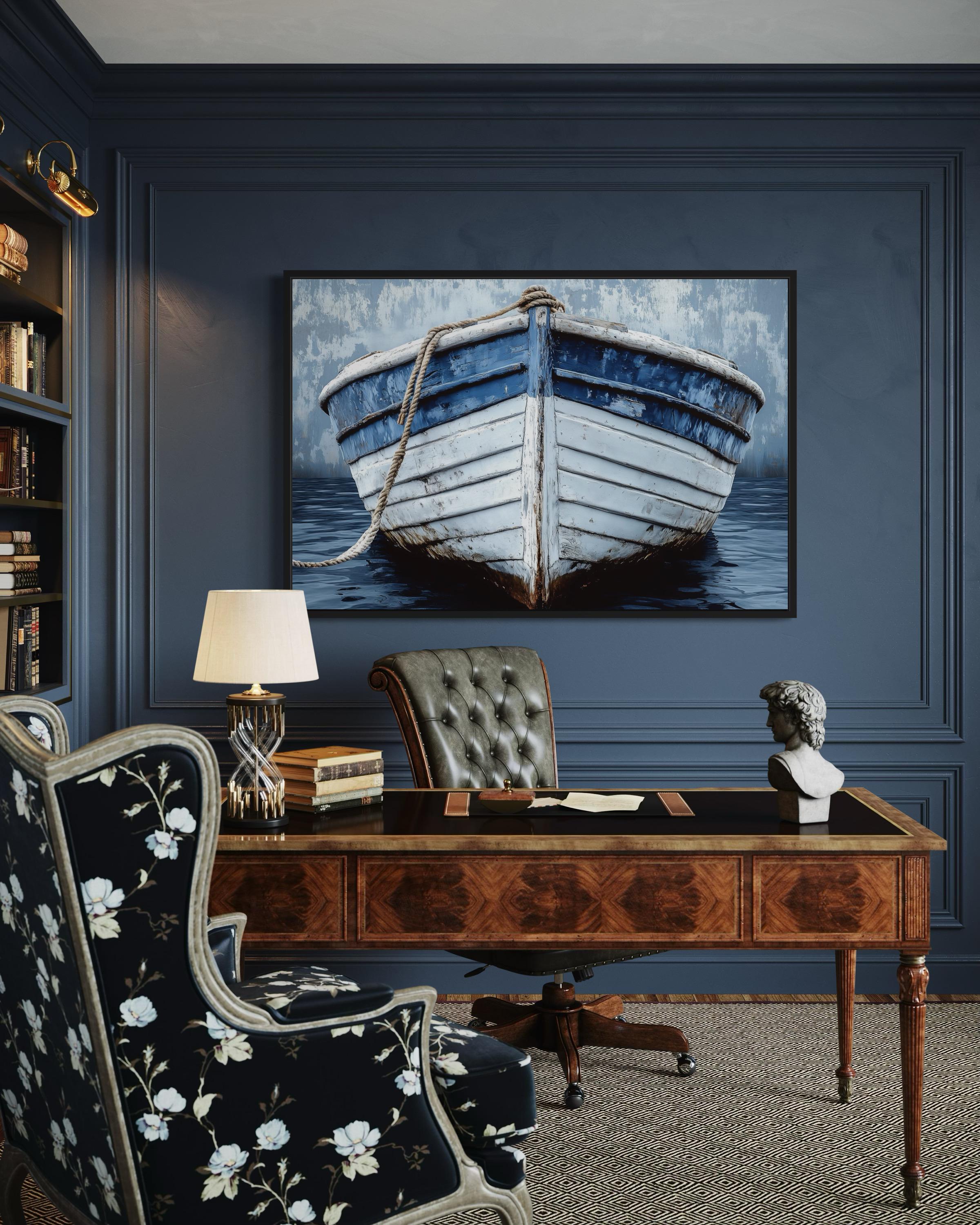 Rustic Boat Front View Blue And White Distressed Coastal Wall Art